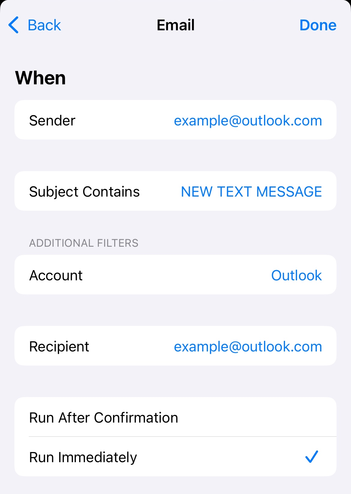 iOS Shortcuts automation configuration showing: Sender is example@outlook.com, Subject contains Patch, and Run Immediately is enabled